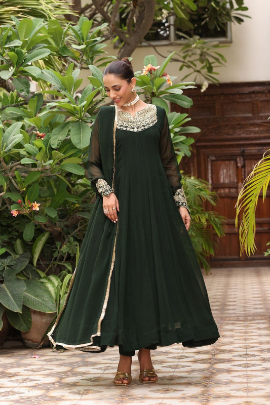 Dark Green Embroidered Chiffon Flared Pishwas Online in Dubai UAE Abudhabi Ajman Sharjah