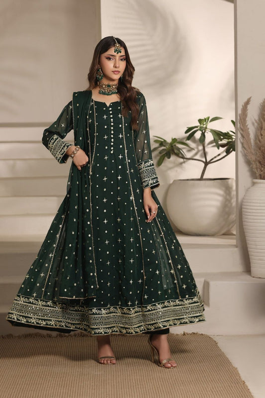 Dark Green Embroidered Chiffon Flared Pishwas Suit Online in Dubai UAE Abudhabi Ajman Sharjah