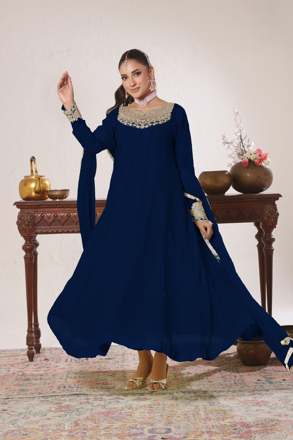 Dark Green Embroidered Chiffon Partywear Pishwas Suit Online in Dubai UAE Abudhabi Ajman Sharjah