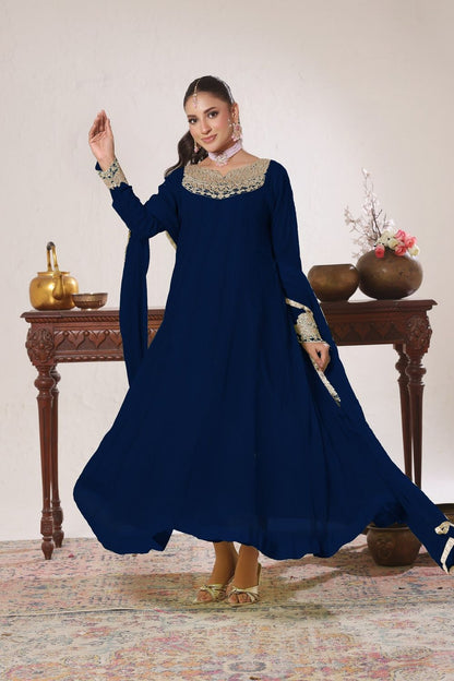 Dark Green Embroidered Chiffon Partywear Pishwas Suit Online in Dubai UAE Abudhabi Ajman Sharjah
