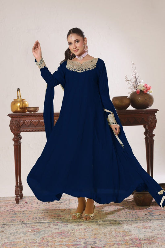 Dark Green Embroidered Chiffon Partywear Pishwas Suit Online in Dubai UAE Abudhabi Ajman Sharjah