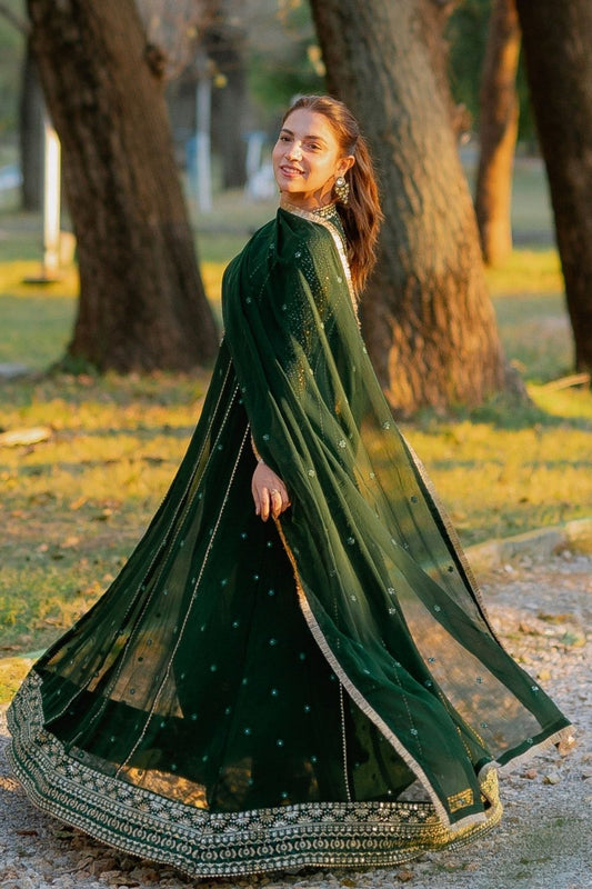 Dark Green Embroidered Chiffon Partywear Suit Online in Dubai UAE Abudhabi Ajman Sharjah