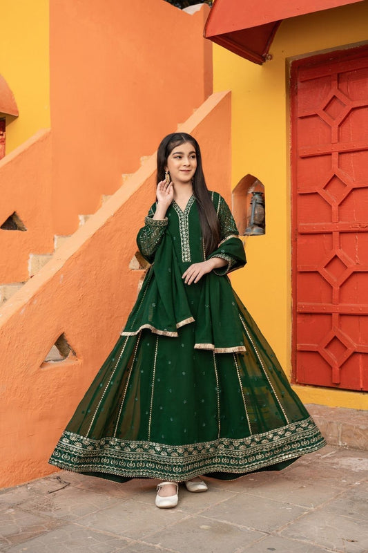 Dark Green Embroidered Chiffon Partywear Suit Online in Dubai UAE Abudhabi Ajman Sharjah