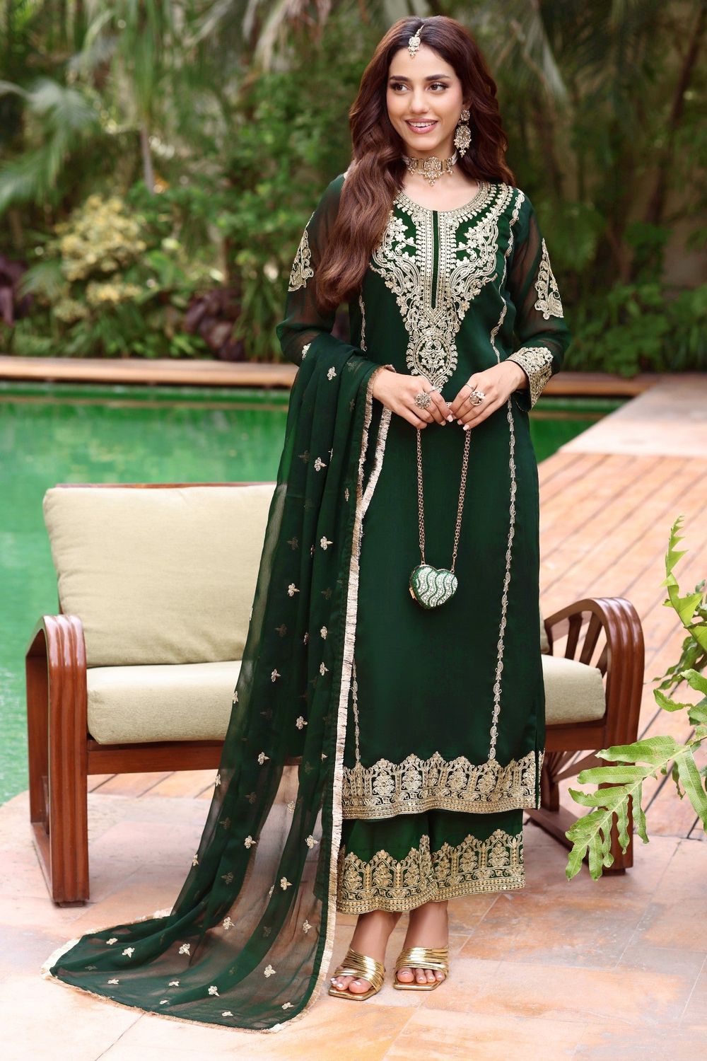 Dark Green Embroidered Chiffon Partywear Suit Online in Dubai UAE Abudhabi Ajman Sharjah