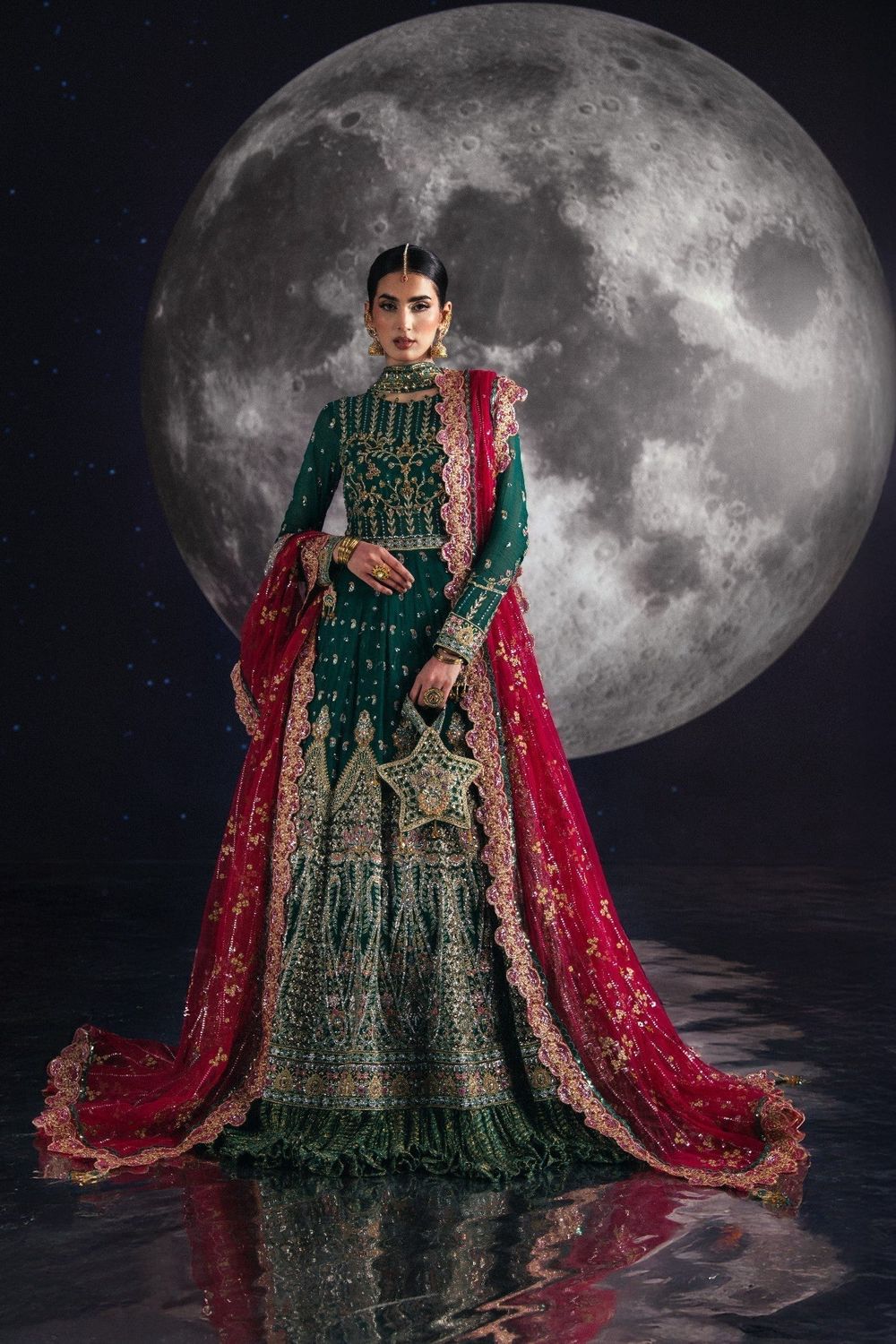 Dark Green Embroidered Chiffon Wedding Guest Suit Online in Dubai UAE Abudhabi Ajman Sharjah