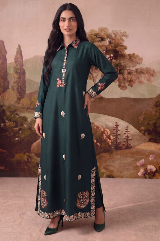 Dark Green Embroidered Dhanak Kaftan Online in Dubai UAE Abudhabi Ajman Sharjah