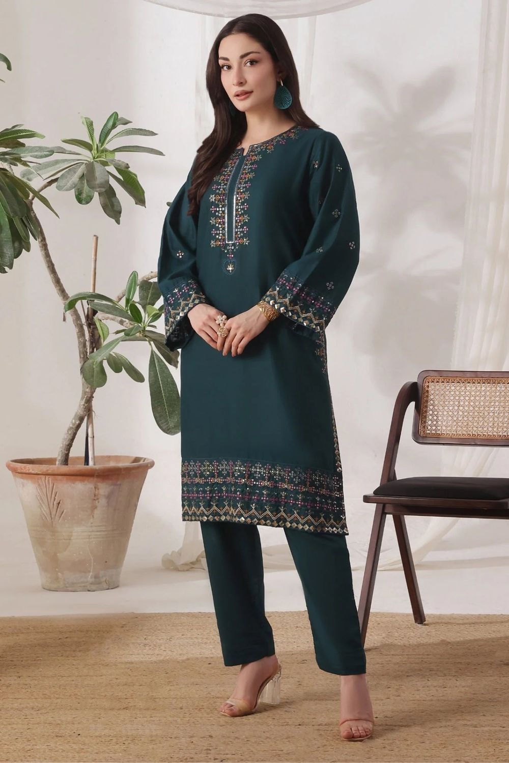 Dark Green Embroidered Lawn Cotton Kurta Set Online in Dubai UAE Abudhabi Ajman Sharjah