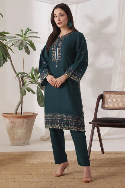 Dark Green Embroidered Lawn Cotton Kurta Set Online in Dubai UAE Abudhabi Ajman Sharjah