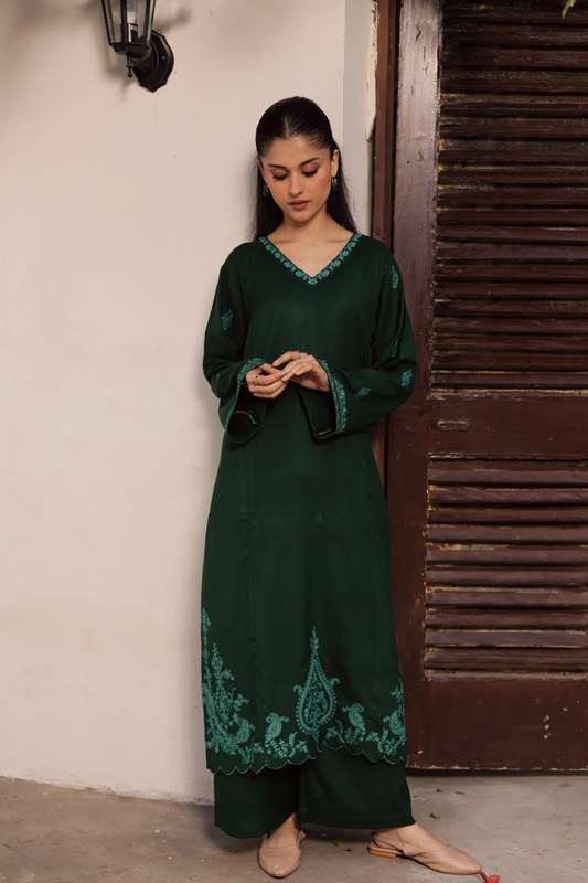 Dark Green Embroidered Lawn Kurta Set Online in Dubai UAE Abudhabi Ajman Sharjah