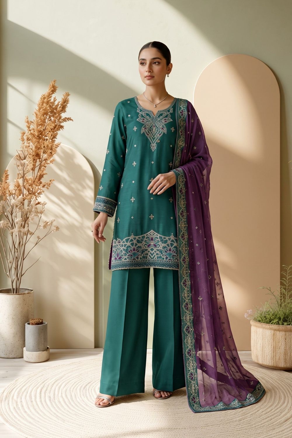 Dark Green Embroidered Raw Silk Festive Suit Online in Dubai UAE Abudhabi Ajman Sharjah