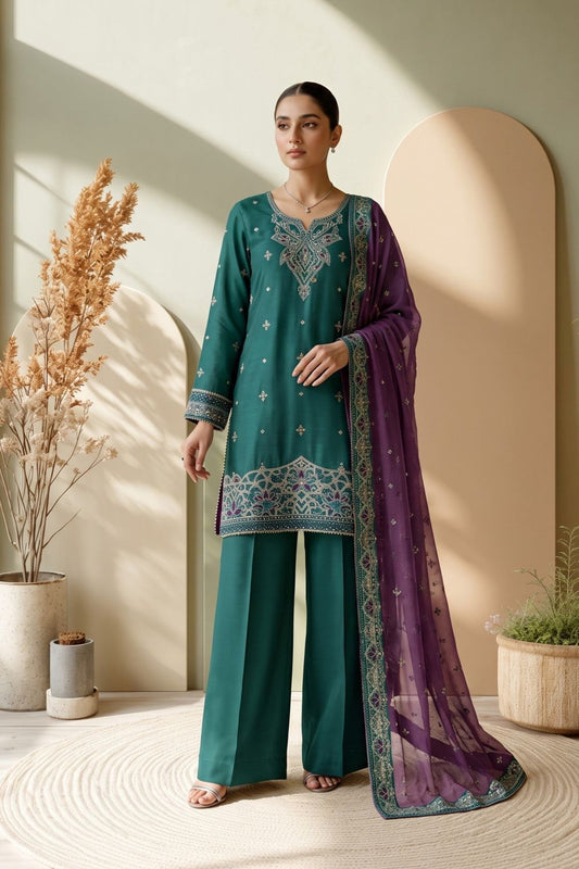 Dark Green Embroidered Raw Silk Festive Suit Online in Dubai UAE Abudhabi Ajman Sharjah
