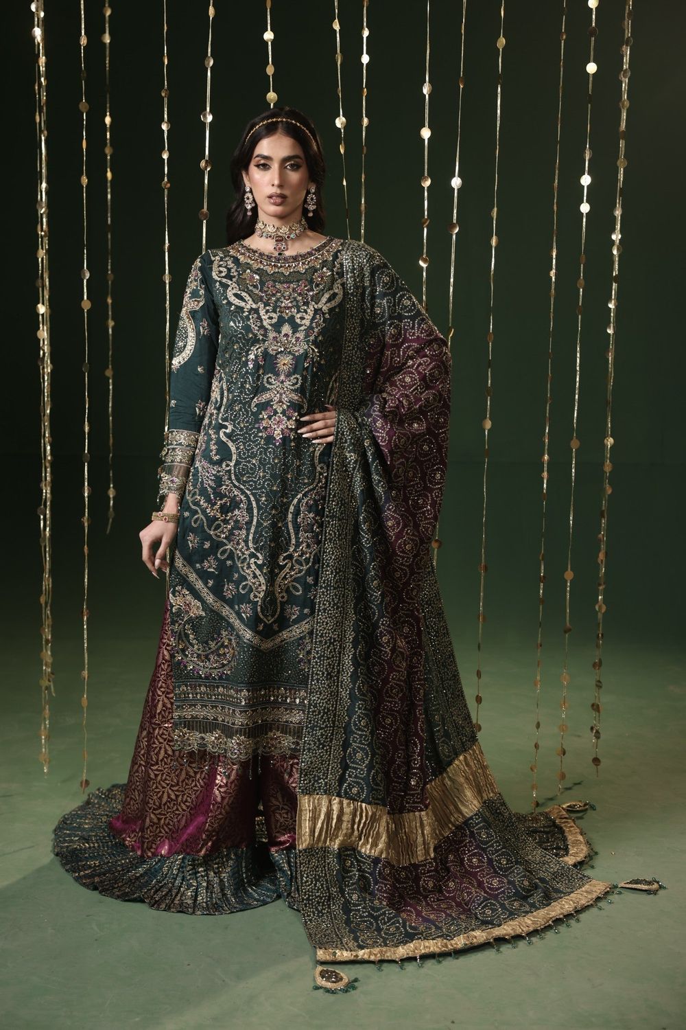 Dark Green Embroidered Silk Sharara Suit Online in Dubai UAE Abudhabi Ajman Sharjah