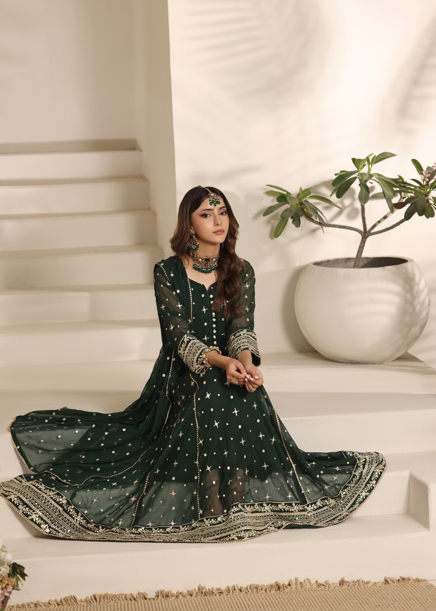Dark Green Flared Pishwas Embroidered Suit Online in Dubai DXB UAE Abudhabi Meena Bazaar