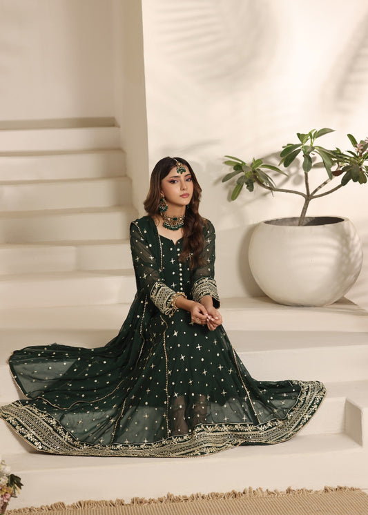Dark Green Flared Pishwas Embroidered Suit Online in Dubai DXB UAE Abudhabi Meena Bazaar