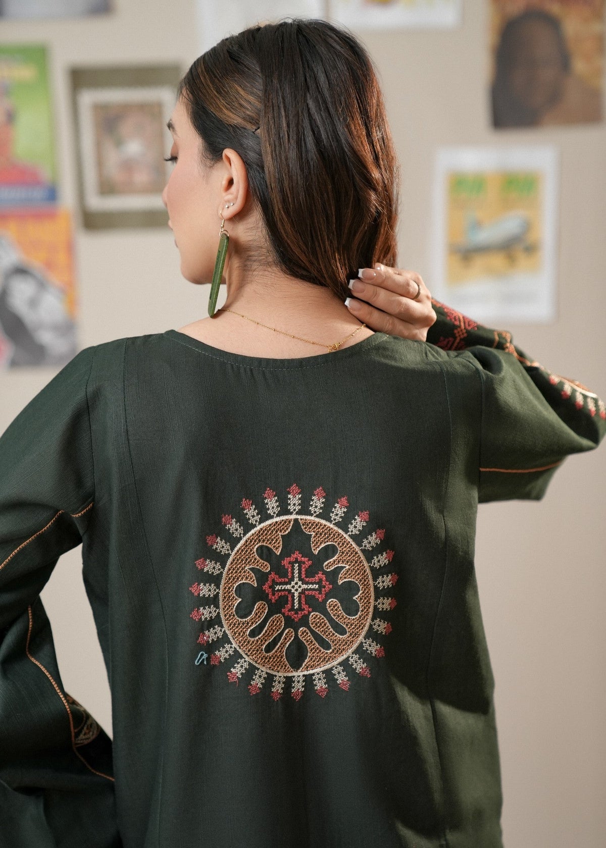 Dark Green Rust Red Khaddar Basic Wear Kurta Set Online in Sri Lanka India Australia