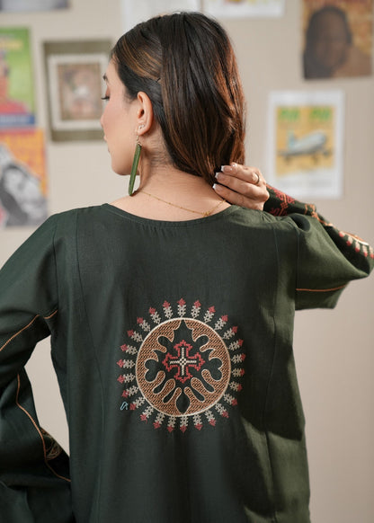 Dark Green Rust Red Khaddar Basic Wear Kurta Set Online in Sri Lanka India Australia