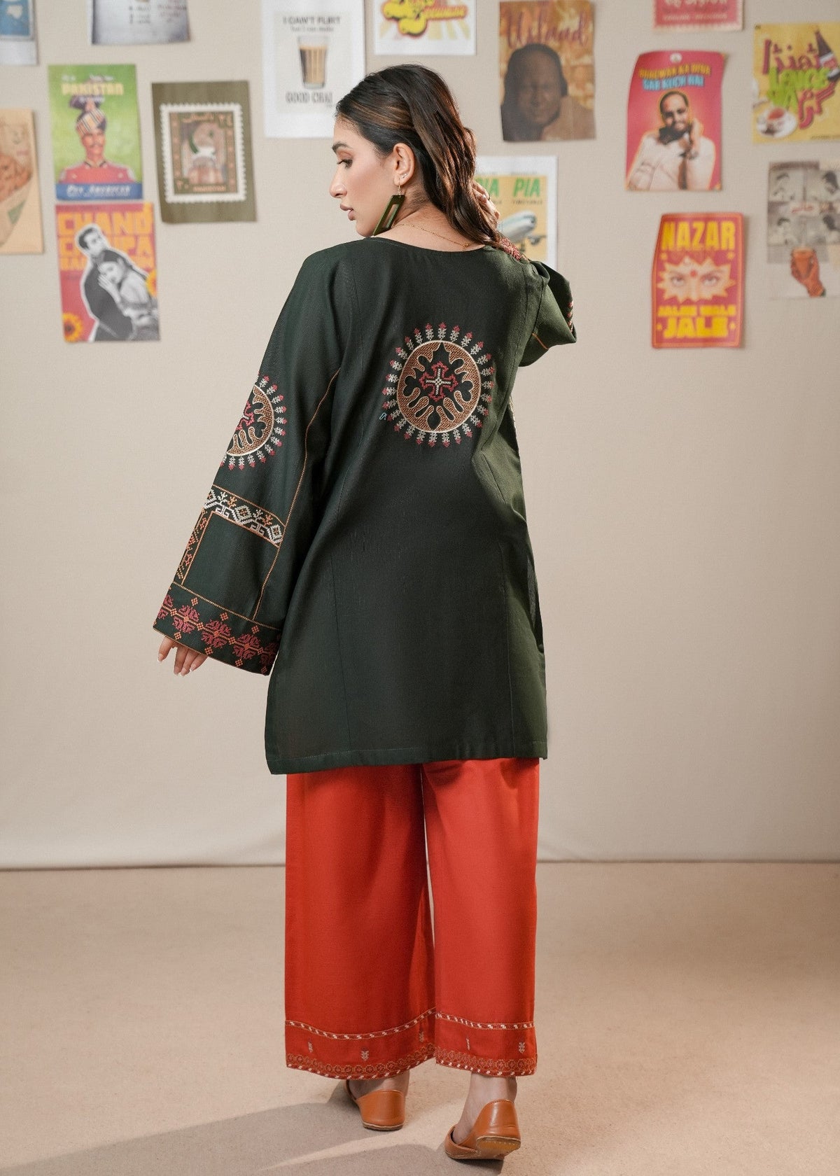 Dark Green Rust Red Khaddar Loose Fit Kurta Set Online in Dubai DXB UAE Abudhabi Meena Bazaar