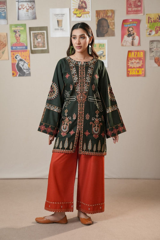 Dark Green Rust Red Khaddar Straight Kurta Set Online in Dubai UAE Abudhabi Ajman Sharjah