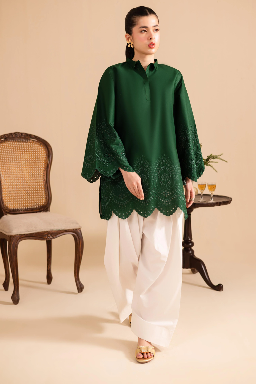 Dark Green Schiffli Embroidered Lawn Farshi Shalwar Kurta Set Online in Dubai UAE Abudhabi Ajman Sharjah