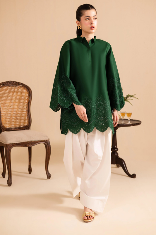 Dark Green Schiffli Embroidered Lawn Farshi Shalwar Kurta Set Online in Dubai UAE Abudhabi Ajman Sharjah
