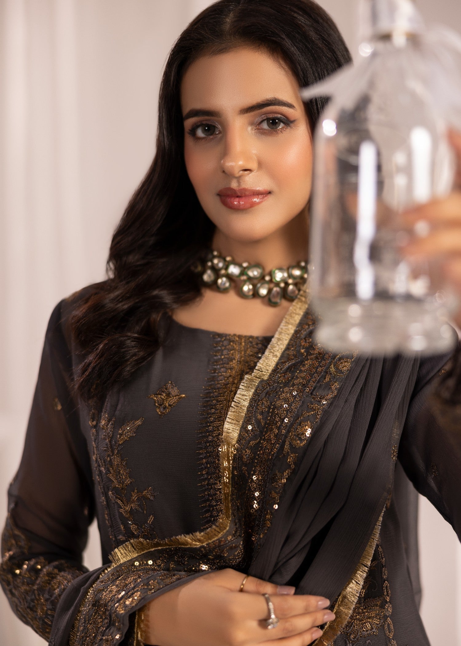 Dark Grey Bemberg Crinkle Chiffon Kurta with Dupatta Online in Dubai DXB UAE Abudhabi Meena Bazaar