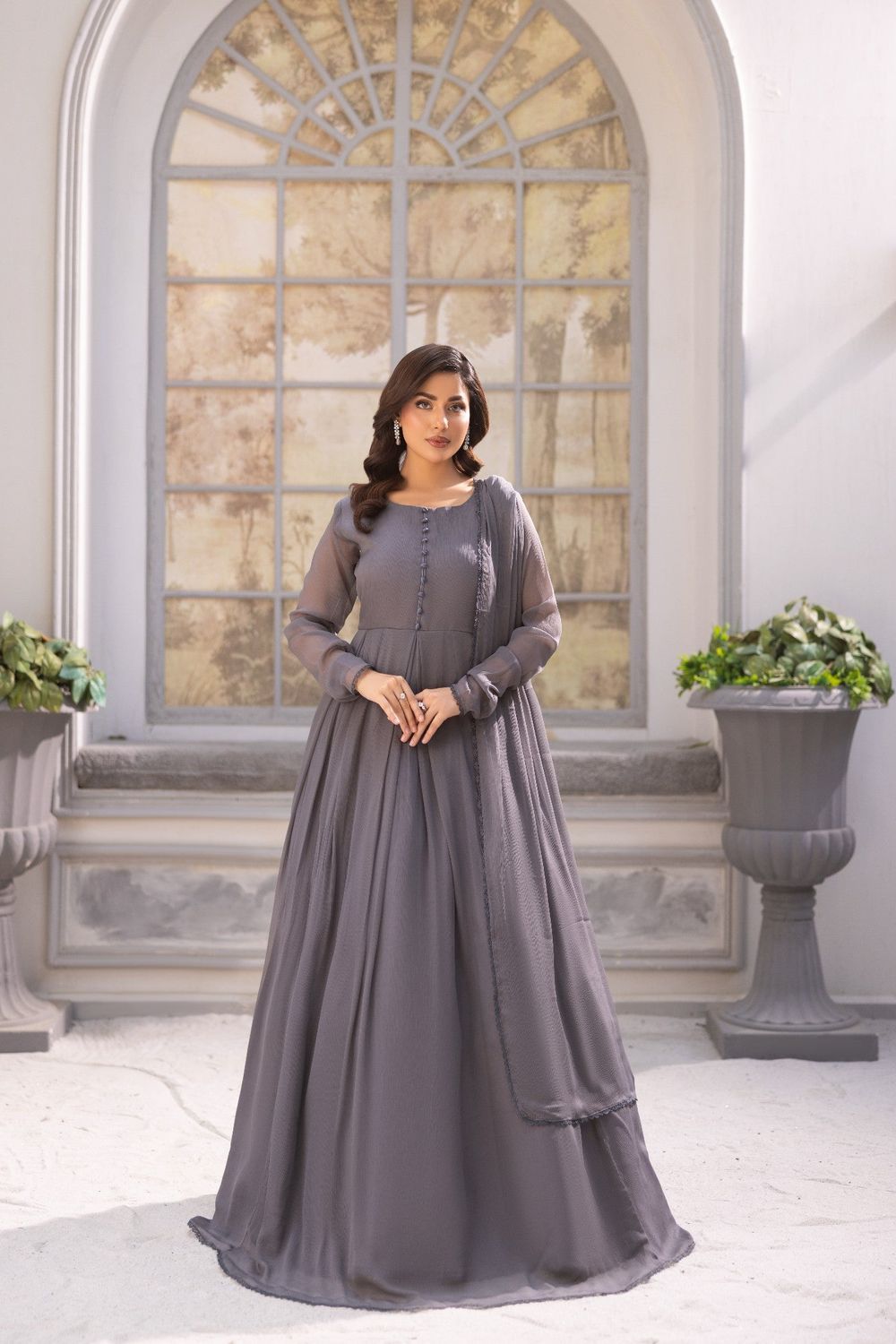 Dark Grey Chiffon Flared Maxi Partywear Suit Online in Dubai UAE Abudhabi Ajman Sharjah