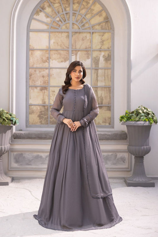 Dark Grey Chiffon Flared Maxi Partywear Suit Online in Dubai UAE Abudhabi Ajman Sharjah