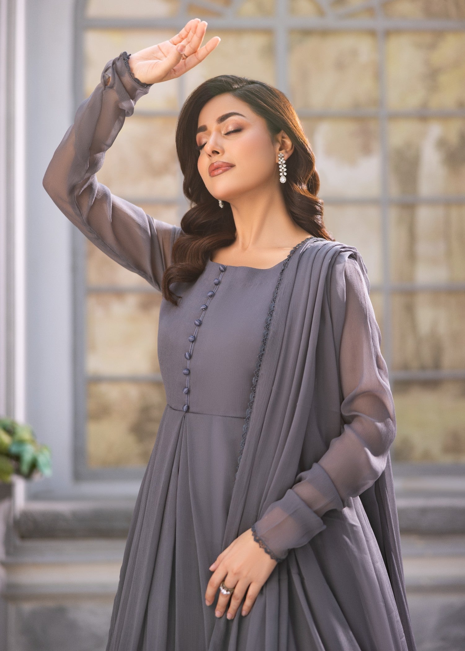 Dark Grey Chiffon Flared Top and Trouser Set Online in Dubai DXB UAE Abudhabi Meena Bazaar