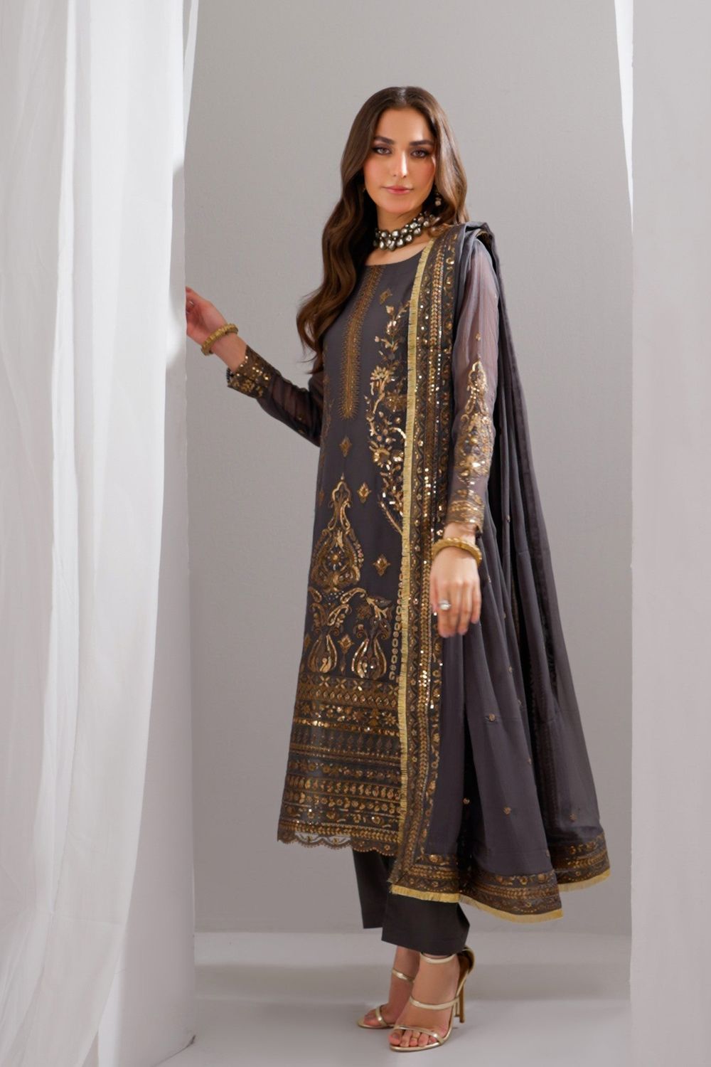 Dark Grey Embroidered Bemberg Crinkle Chiffon Partywear Suit Online in Dubai UAE Abudhabi Ajman Sharjah
