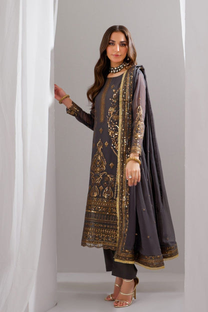 Dark Grey Embroidered Bemberg Crinkle Chiffon Partywear Suit Online in Dubai UAE Abudhabi Ajman Sharjah