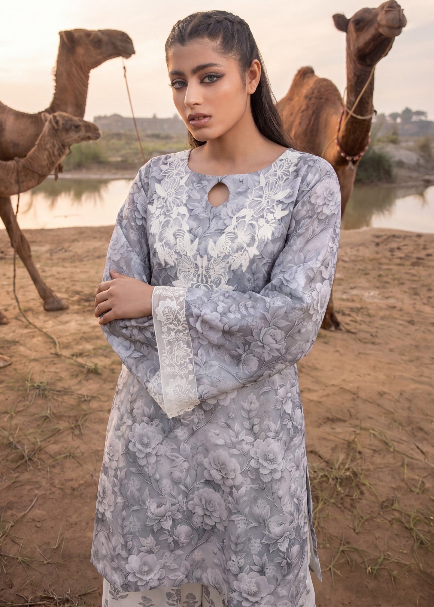 Dark Grey Stitched Kurta Set for Women Online in Dubai UAE Abudhabi Ajman Sharjah