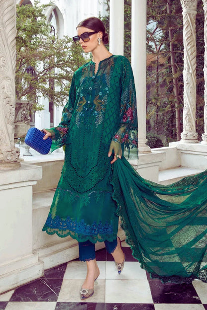 Bottle Green Embroidered Lawn Suit with Chiffon Dupatta