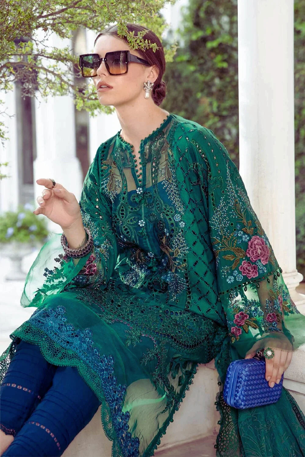 Bottle Green Embroidered Lawn Suit with Chiffon Dupatta