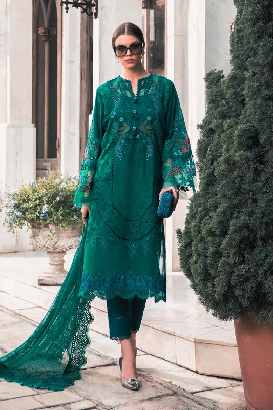 Bottle Green Embroidered Lawn Suit with Chiffon Dupatta