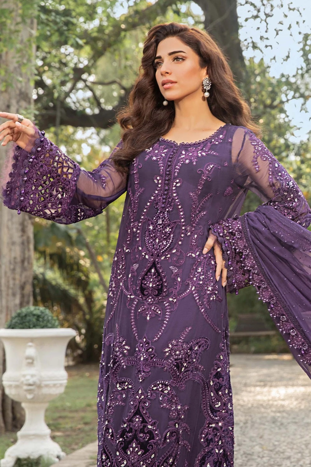 Purple Hand Embellished Crinkle Chiffon Suit