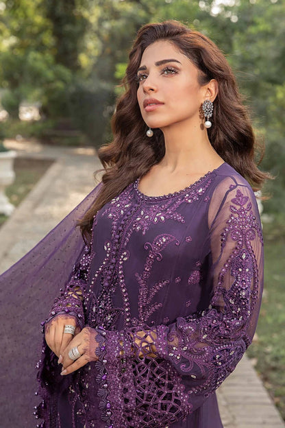 Purple Hand Embellished Crinkle Chiffon Suit