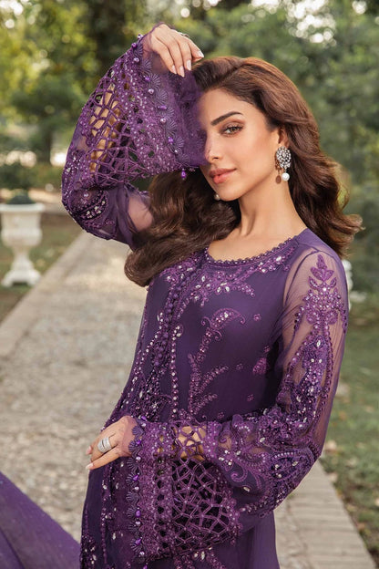 Purple Hand Embellished Crinkle Chiffon Suit