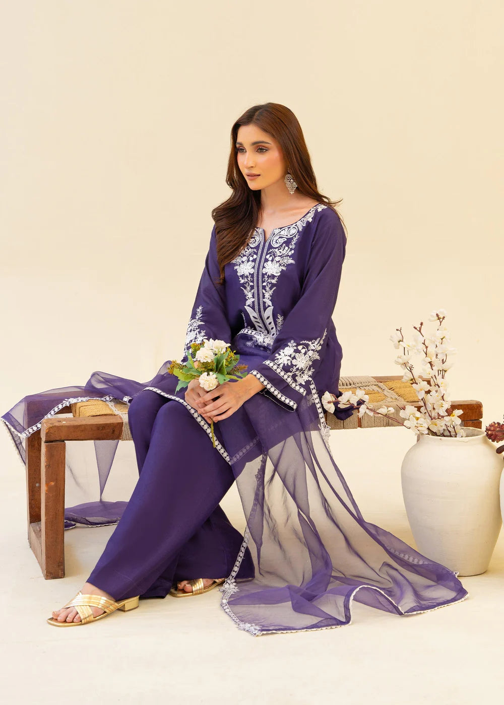 Purple Viscose Raw Silk Embroidered Kurta Set with Dupatta