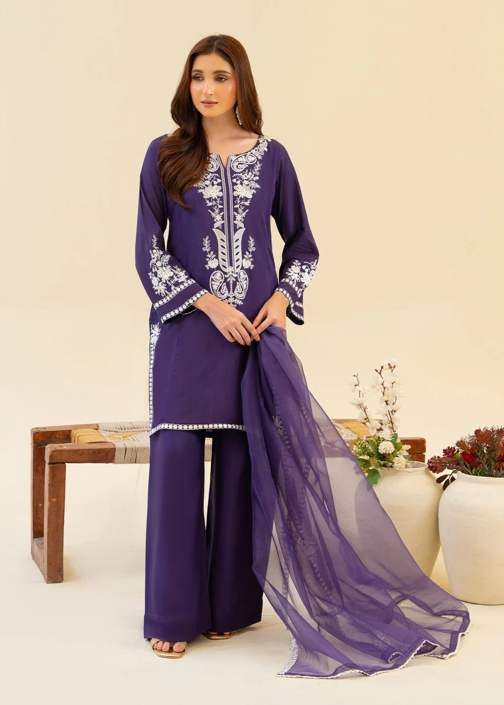 Purple Viscose Raw Silk Embroidered Kurta Set with Dupatta