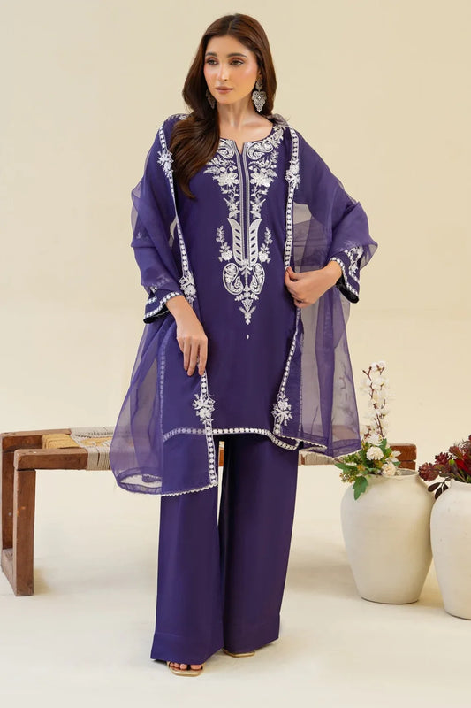 Purple Viscose Raw Silk Embroidered Kurta Set with Dupatta
