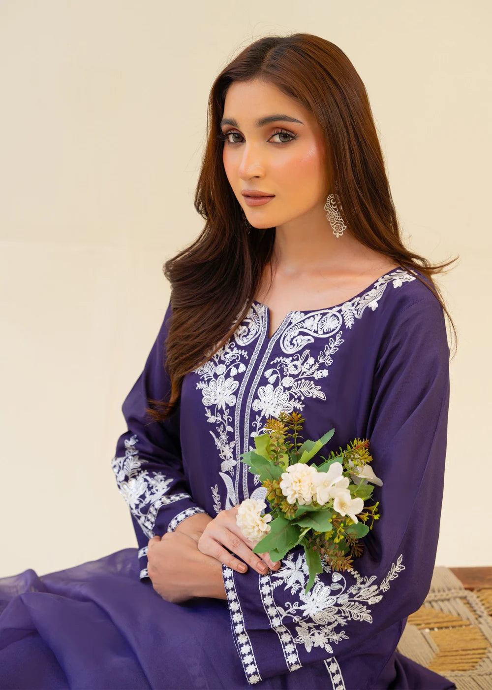 Purple Viscose Raw Silk Embroidered Kurta Set with Dupatta