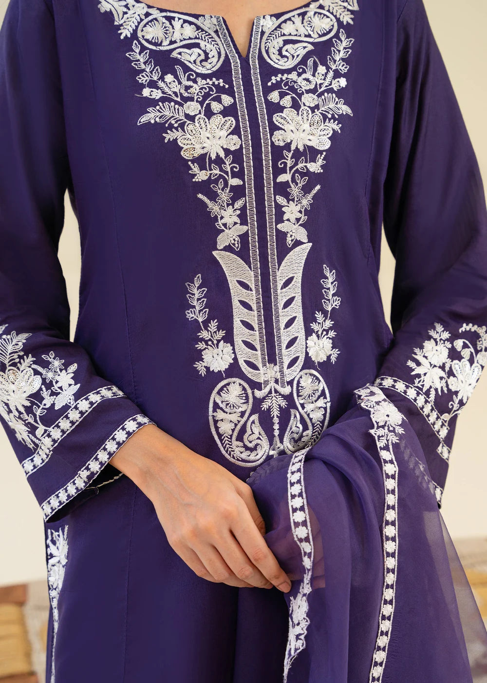 Purple Viscose Raw Silk Embroidered Kurta Set with Dupatta