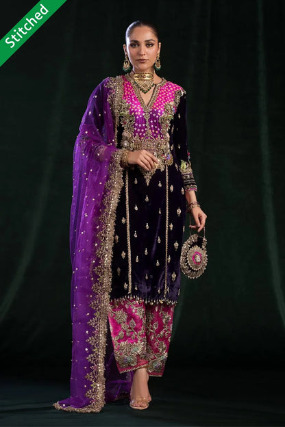 Dark Purple Readymade Velvet + Pure Raw Silk Chunnari Suit