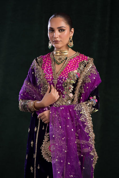 Dark Purple Readymade Velvet + Pure Raw Silk Chunnari Suit