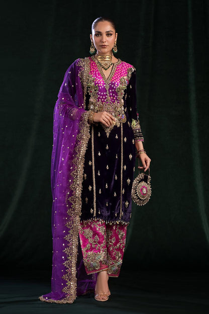 Dark Purple Readymade Velvet + Pure Raw Silk Chunnari Suit