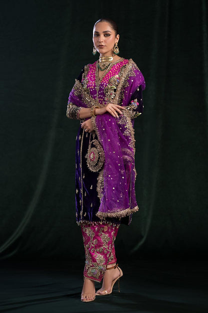 Dark Purple Readymade Velvet + Pure Raw Silk Chunnari Suit