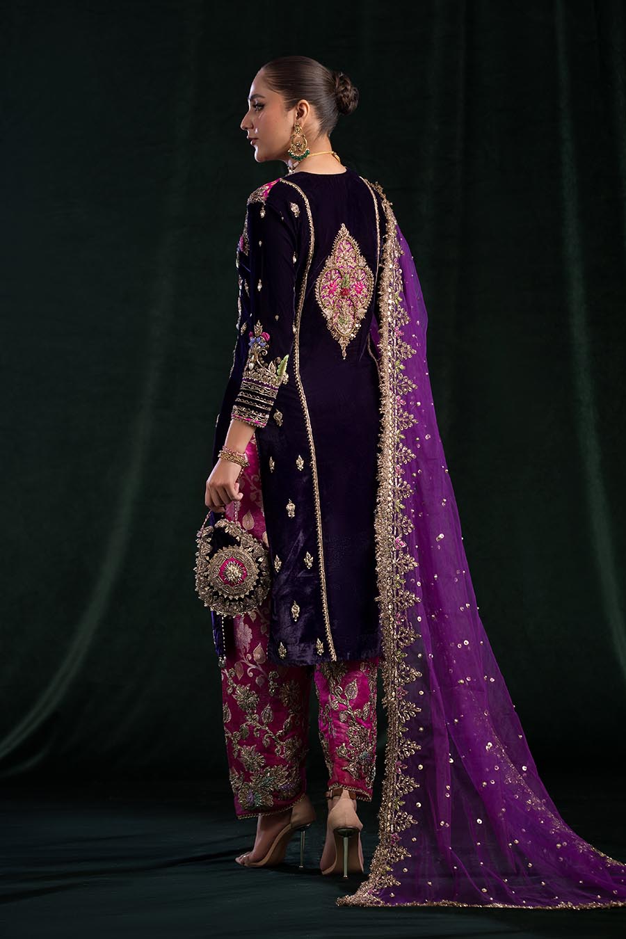 Dark Purple Readymade Velvet + Pure Raw Silk Chunnari Suit