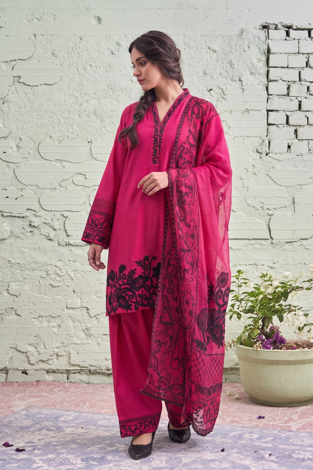 Deep Carmine Embroidered Lawn Shalwar Kameez Online in Dubai UAE Abudhabi Ajman Sharjah