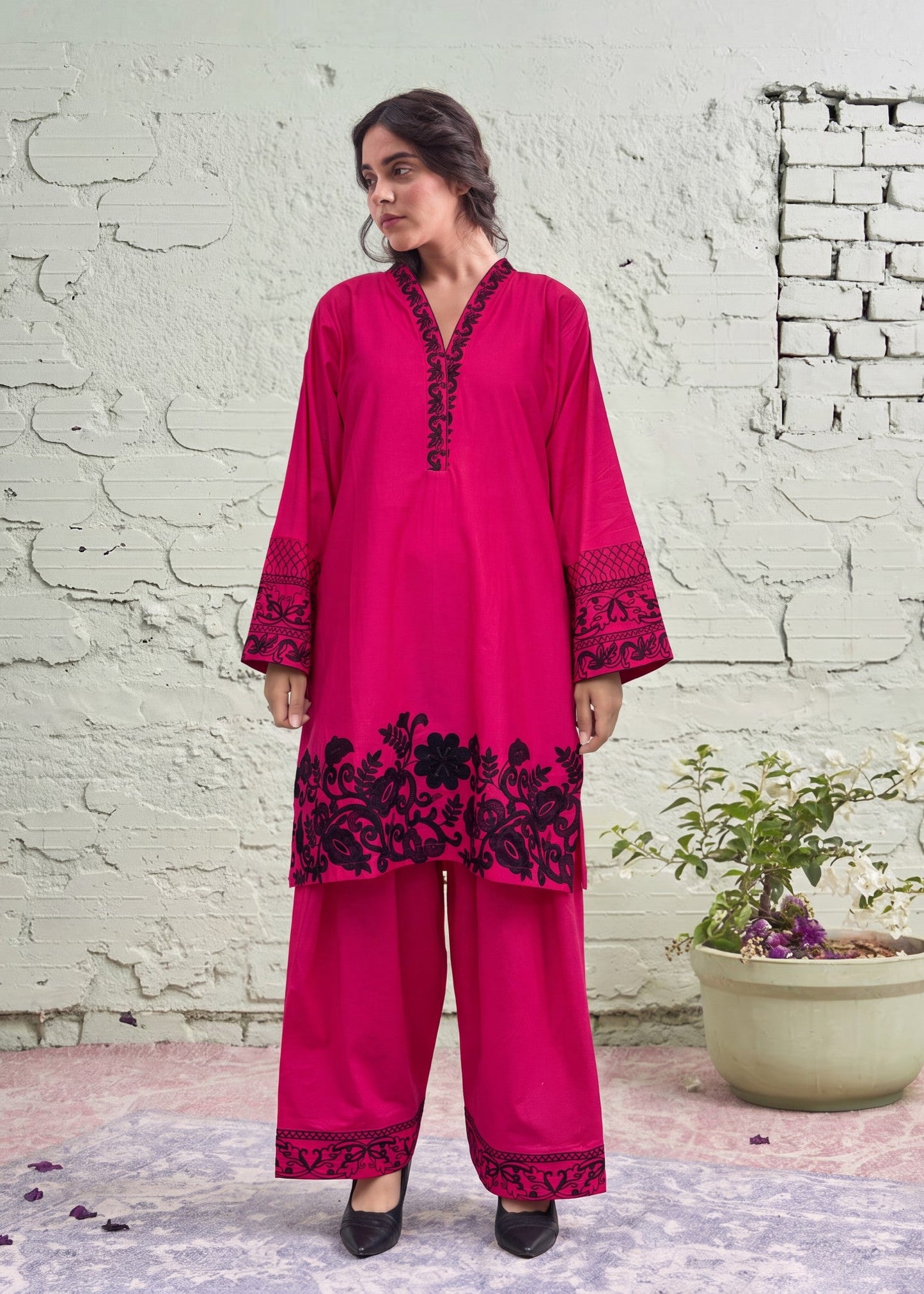 Deep Carmine Embroidered Lawn Suit Online in Dubai DXB UAE Abudhabi Meena Bazaar
