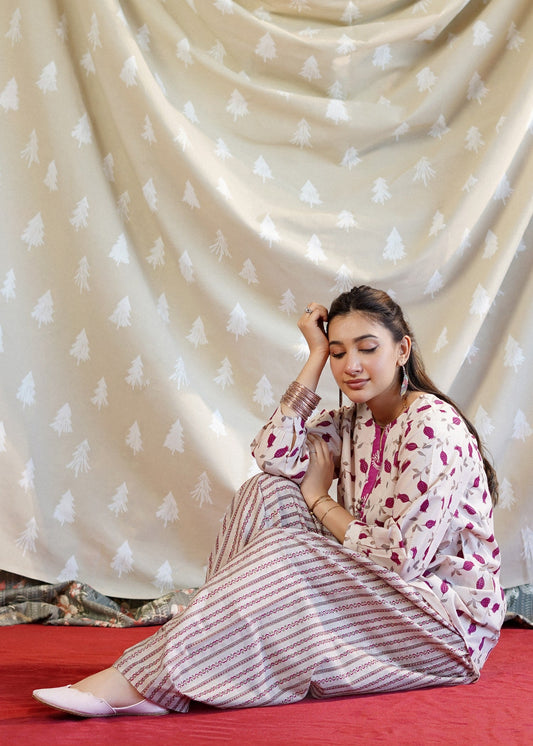 Deep Pink Floral Print Lawn Kurta Set Online in Dubai DXB UAE Abudhabi Meena Bazaar